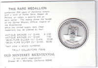 Old Monterey Bicentennial Commemorative Silver Medal (Medallic Art, 1970)