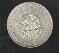 10 Diez Pesos Hidalgo Independence Silver Coin  (Mexico, 1955)