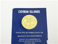 CAYMAN ISLANDS 1975 $100 Uncirculated Gold Coin KM 13