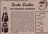 1958 Hires Root Beer Baseball 61 Duke Snider HOF Short Print