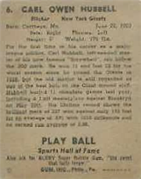1941 Play Ball Sports Hall Of Fame 6 Carl Hubbel HOF