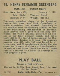 1941 Play Ball Sports Hall Of Fame 18 Hank Greenberg HOF