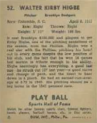 1941 Play Ball Sports Hall Of Fame 52 Kirby Higbe HOF