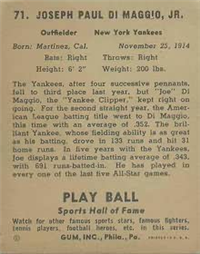 1941 Play Ball Sports Hall Of Fame 71 Joe DiMaggio HOF