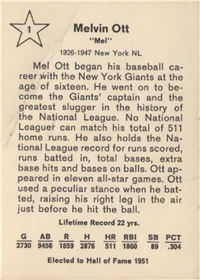 1961 Golden Press Baseball Card  #1  Mel Ott  (Hall of Fame)
