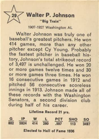 1961 Golden Press Baseball Card  #29  Walter Johnson  (Hall of Fame)