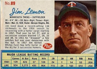 1962 Post Cereal Box Baseball Card  #89  Jim Lemon