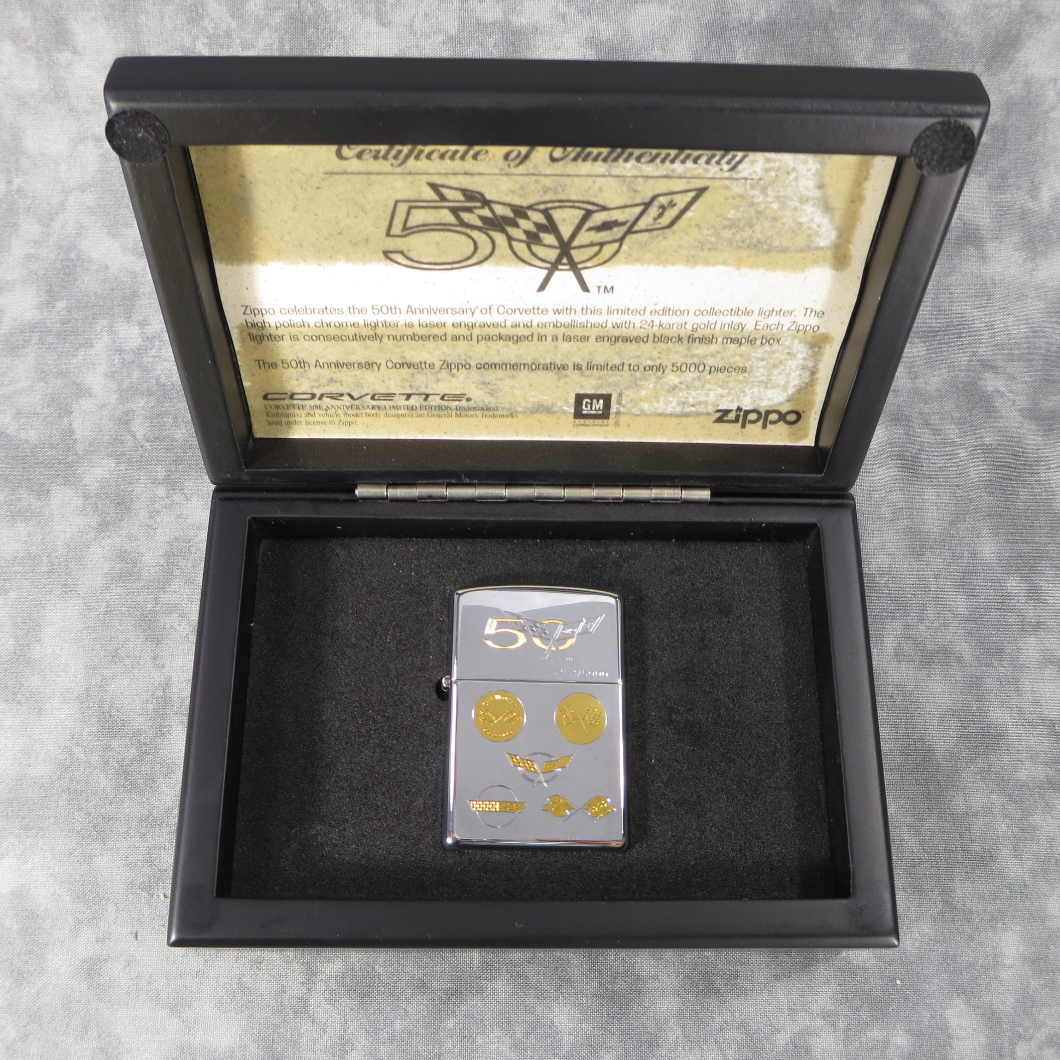 How much is Limited Edition CORVETTE 50th Anniversary Chrome Lighter with  24k Gold Inlay Emblems (Zippo, 2003, #20501) worth? | iGuide.net Price  Report