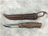 KELLAM 8-1/8" Fixed-Blade Wolverine Birch Handle Knife with Leather Sheath