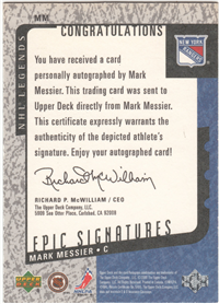 NHL Legends MARK MESSIER Epic Signatures Autographed Hockey Card (Upper Deck, 2000)