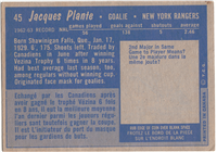 #45 JACQUES PLANTE New York Rangers Golie Hockey Card (Topps, 1963)