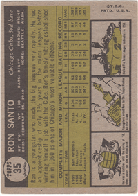 #35 RON SANTO Chicago Cubs Third Base ROOKIE Baseball Card (Topps, 1961)