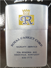 ROYAL CASKET CORP Brushed Chrome Advertising Lighter (Zippo, 1966)