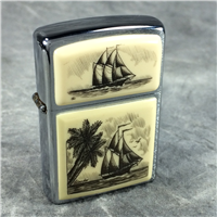 SHIPS & PALM TREES SCRIMSHAW Brushed Chrome Lighter (Zippo, 2004)