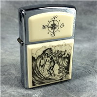 COMPASS & SURFER SCRIMSHAW Brushed Chrome Lighter (Zippo, 2004)