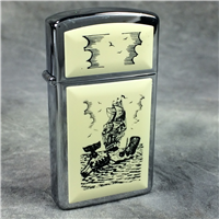 SHIP & WHALE SCRIMSHAW Polished Chrome Ultralite Slim Lighter (Zippo, 1993) New Sealed