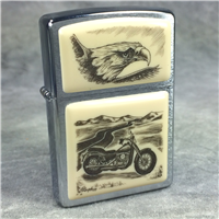 MOTORCYCLE & EAGLE SCRIMSHAW Brushed Chrome Lighter (Zippo, 2005)