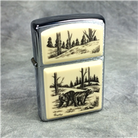 SCRIMSHAW TWO BEARS Brushed Chrome Lighter (Zippo, 2004)