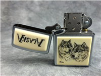 SCRIMSHAW ALASKA WOLVES Brushed Chrome Lighter (Zippo, 2005)