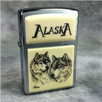 SCRIMSHAW ALASKA WOLVES Brushed Chrome Lighter (Zippo, 2005)
