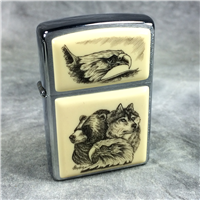 SCRIMSHAW EAGLES BEAR & WOLF Brushed Chrome Lighter (Zippo, 2005)