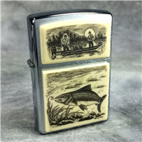 SCRIMSHAW FISH & FISHERMEN ON BOAT Brushed Chrome Lighter (Zippo, 2005)