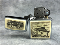 SCRIMSHAW FISH & FISHERMEN ON BOAT Brushed Chrome Lighter (Zippo, 2005)