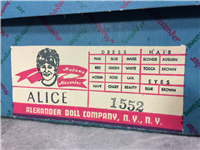 Disney's ALICE IN WONDERLAND 14" Doll (Madame Alexander, #1552, 1966-92) MIB