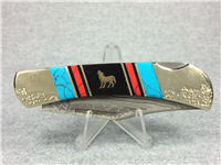 UNITED CUTLERY UC2770 Frontier Howling Wolf Hardwood & Turquoise Lockback Knife
