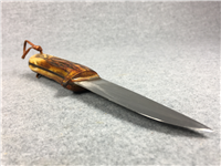 L. MR. 7-3/8" Fixed Blade Wood Knife w/ Leather Sheath