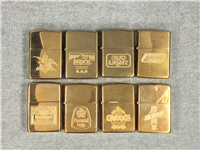 ANHEUSER-BUSCH Set of 8 Brass Lighters w/ Table Top Store Display (Zippo, 1993)