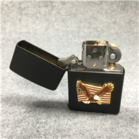 ZIPPO EAGLE & AMERICAN FLAG Emblem Black Satin Lighter (Zippo, c. 1996)