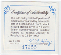 President Nixon's Journey For Peace to Russia Eyewitness Medal   (Franklin Mint, 1972)