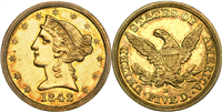 1842D  $5 Gold Liberty Head  Large date  